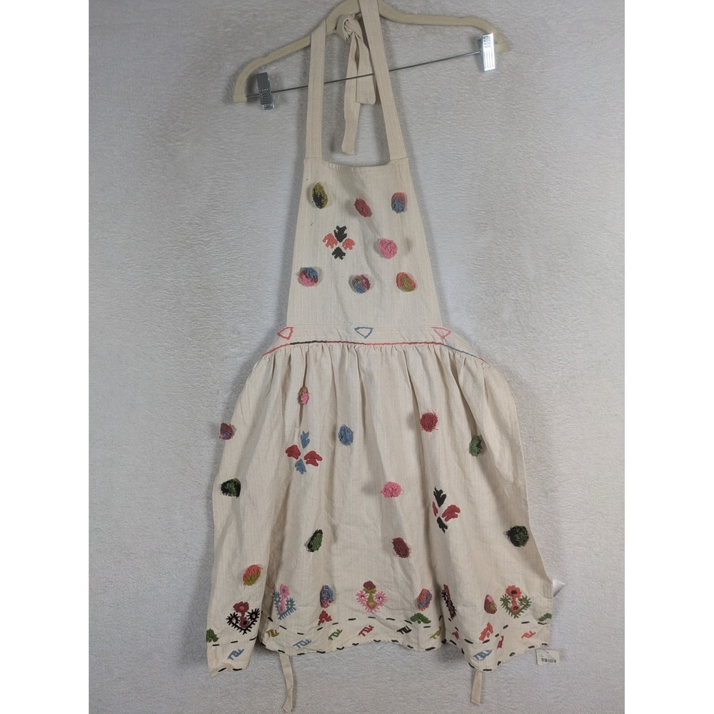 NEW Anthropologie Apron Women's OS Ivory Multi Embroidered Pom Pom Boho Folk